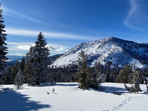 snow, trees, and mountains overlook lake Tahoe